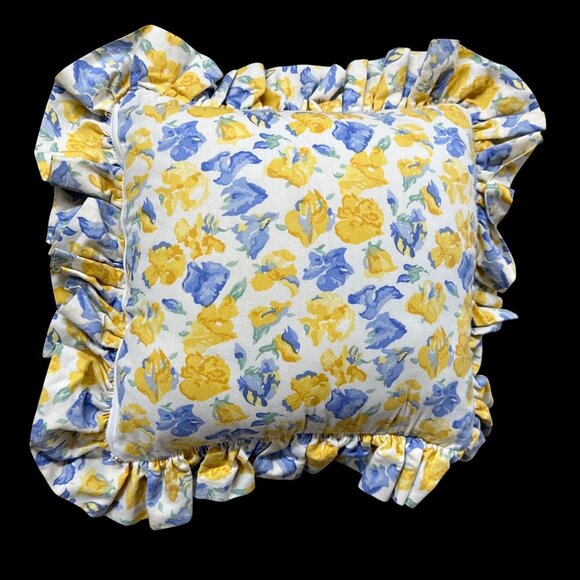 Vintage Throw Pillow Laura Ashley Charlotte USA Floral Ruffled 90s Blue Yellow - Picture 3 of 8